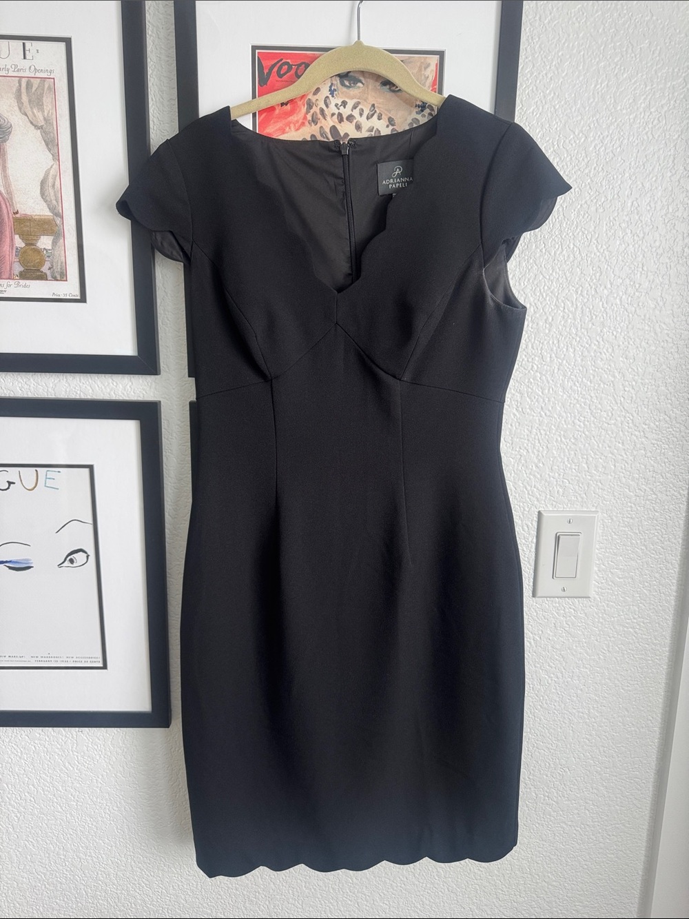 Adrianna Papell Black Cap-Sleeve Sheath Dress with Scalloped Hem